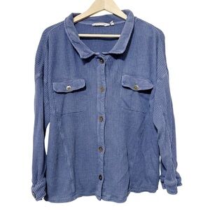 Soft Surroundings Blue Button-Up Waffle Knit Shirt - Size Large
